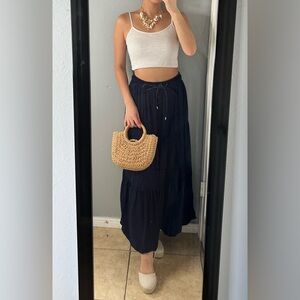 Navy blue tiered drawstring waist maxi skirt XS| coastal euro summer lightweight